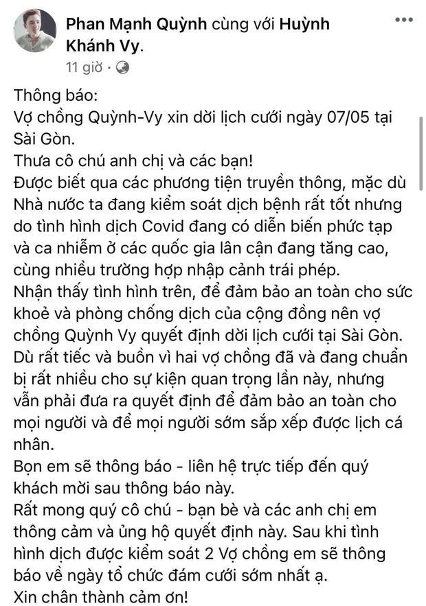 Phan Mạnh Quỳnh và vợ hot girl tạm hoãn đám cưới ở TP.HCM, lý do hé lộ được cả dàn sao Vbiz ủng hộ - Ảnh 1.