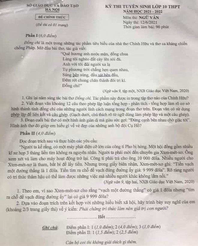 [CẬP NHẬT] Gợi ý đáp án đề thi tuyển sinh lớp 10 môn Ngữ văn năm 2021 Hà Nội - Ảnh 1.