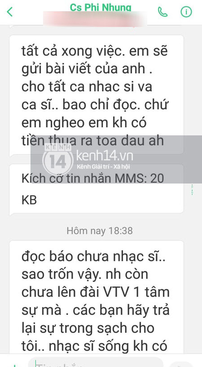 Độc quyền: Nhạc sĩ Chim Trắng Mồ Côi tung tin nhắn chứng minh bị Phi Nhung uy hiếp, kể ngọn nguồn và lời xin lỗi bất ngờ sau đó - Ảnh 1.