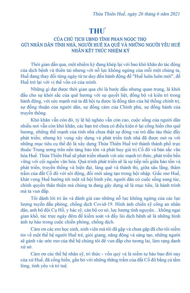 Chủ tịch TT-Huế viết tâm thư xúc động gửi người dân nhân dịp kết thúc nhiệm kỳ - Ảnh 1.