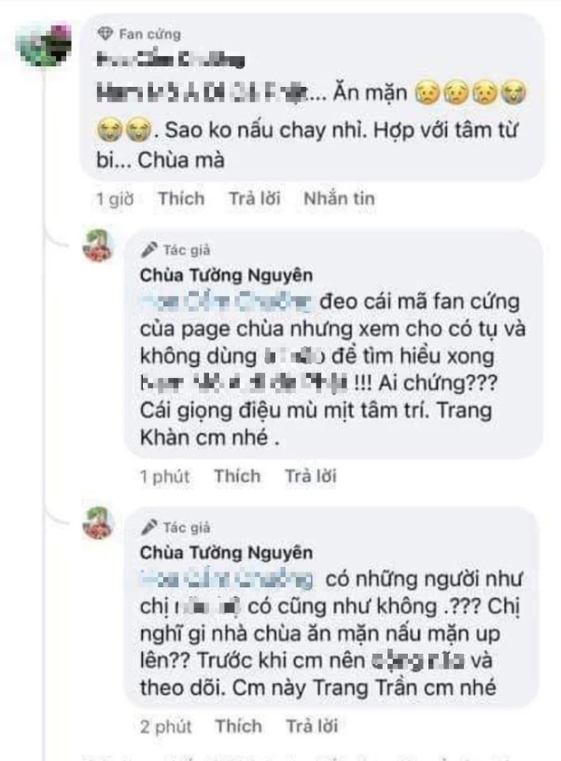 Phẫn nộ Trang Trần dùng fanpage của chùa để đáp trả tay đôi với netizen, lời lẽ kém duyên gây tranh cãi nảy lửa - Ảnh 1.