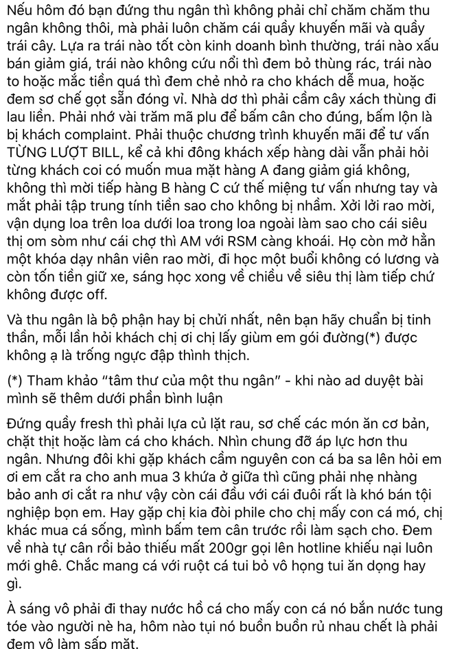 Nhân viên chuỗi bách hoá phơi bày thực tế bức bối phía sau quầy rau kệ thịt: Làm ca 12h/ngày, lương thấp nhưng đa nhiệm từ thu ngân, mổ cá, nhặt rau, xếp kho, đến... rửa thùng rác! - Ảnh 2.