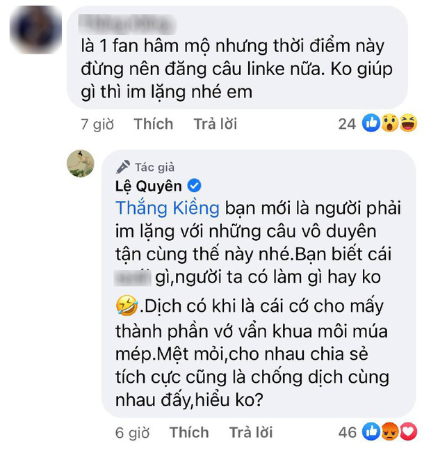 Bị chính fan yêu cầu không nên câu like mùa dịch, Lệ Quyên nổi đoá đáp trả với câu chốt hạ không chút kiêng dè - Ảnh 2.