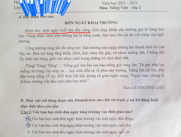 Bài thi Tiếng Việt ghi khai giảng vào cuối thu chứ không phải đầu thu, tưởng nhầm lẫn nhưng nghe giải thích mới thấy hợp lý quá chừng - Ảnh 1.