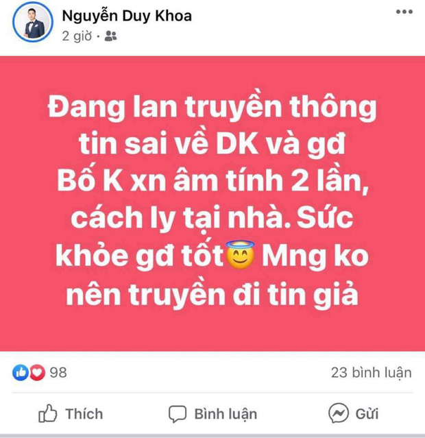 Ca sĩ Duy Khoa lên tiếng trước thông tin đi lại nhiều nơi dù tiếp xúc với bố nhiễm F0 - Ảnh 1.