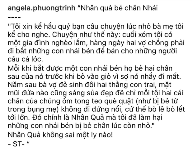 Angela Phương Trinh gây phẫn nộ vì chia sẻ chuyện phản khoa học về nguyên nhân trẻ bị khuyết tật kèm ảnh bé gái và cóc nhái - Ảnh 1.