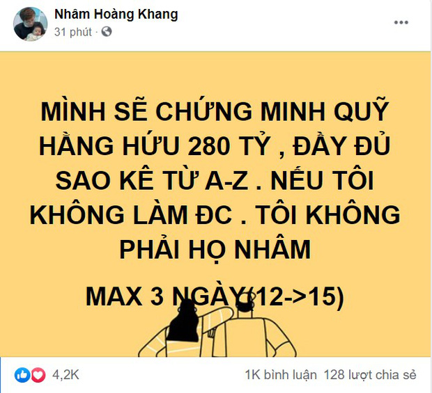 Cậu IT Nhâm Hoàng Khang khẳng định sẽ công bố sao kê 280 tỷ đồng từ A đến Z của Quỹ từ thiện Hằng Hữu, tối đa trong 3 ngày - Ảnh 1.