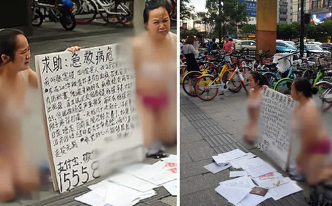 Hai người phụ nữ mặc đồ lót quỳ gối trên đường xin tiền, gây tranh cãi vì câu chuyện phía sau - Ảnh 1.