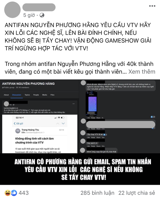 Thành viên trong group 40k antifan bà Phương Hằng gửi mail đòi tẩy chay VTV nếu không xin lỗi nghệ sĩ: Netizen chỉ trích gay gắt! - Ảnh 1.