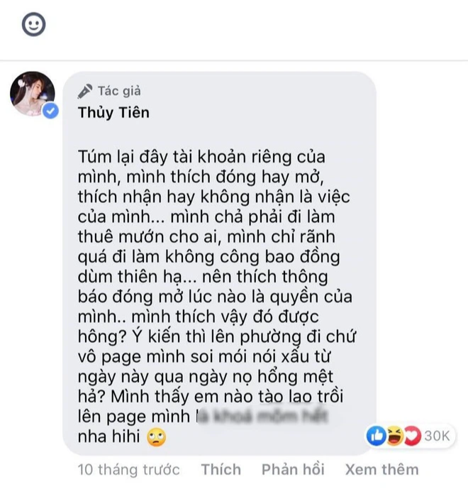 Dân mạng tấn công fanpage Thủy Tiên vì tạm khóa báo có, lật lại phát ngôn của nữ ca sĩ về tài khoản từ thiện - Ảnh 5. Dân mạng tấn công fanpage Thủy Tiên vì tạm khóa báo có, lật lại phát ngôn của nữ ca sĩ về tài khoản từ thiện - Ảnh 5.