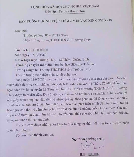 Cô giáo tiêm liên tục 2 mũi vắc xin tường trình: Lo lắng nên nhầm lẫn chứ không có chủ đích - Ảnh 1.