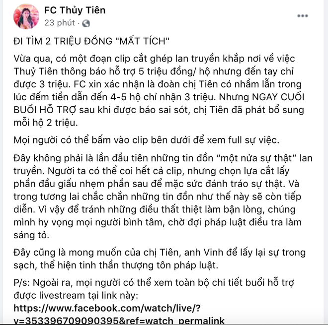 Phía Thuỷ Tiên chính thức lên tiếng làm rõ nghi vấn cắt xén 2 triệu đồng/hộ trong chuyến cứu trợ miền Trung! - Ảnh 1.