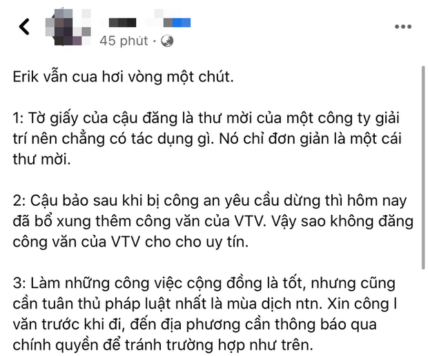 Netizen chỉ ra điểm không hợp lý sau bài đăng của Erik về việc đi thu âm trong thời gian giãn cách - Ảnh 1.