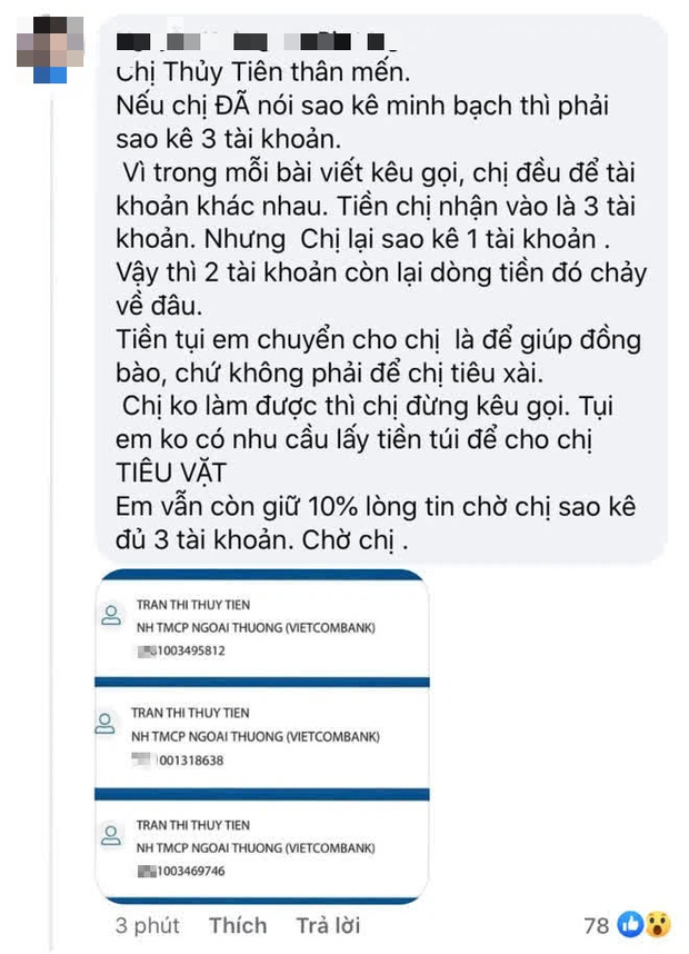 Netizen soi Thuỷ Tiên sử dụng 3 số tài khoản ngân hàng kêu gọi từ thiện nhưng chỉ sao kê 1, thực hư là gì? - Ảnh 1.