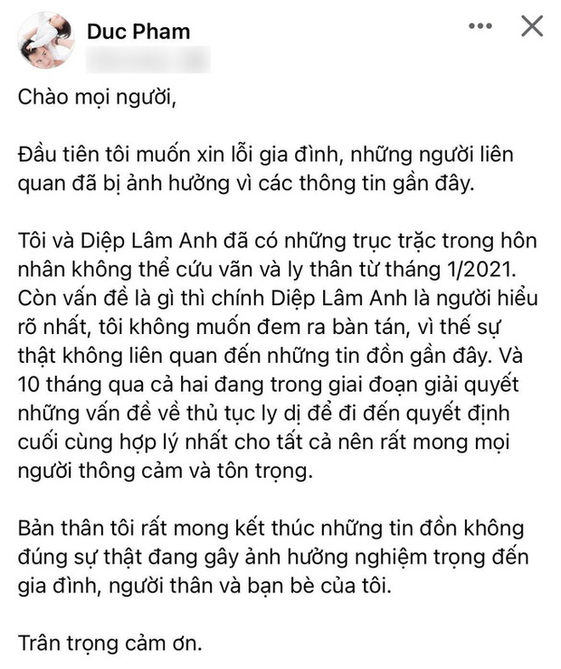 Chồng thiếu gia của Diệp Lâm Anh: Hôn nhân không thể cứu vãn, chúng tôi ly thân từ tháng 1/2021! - Ảnh 1.