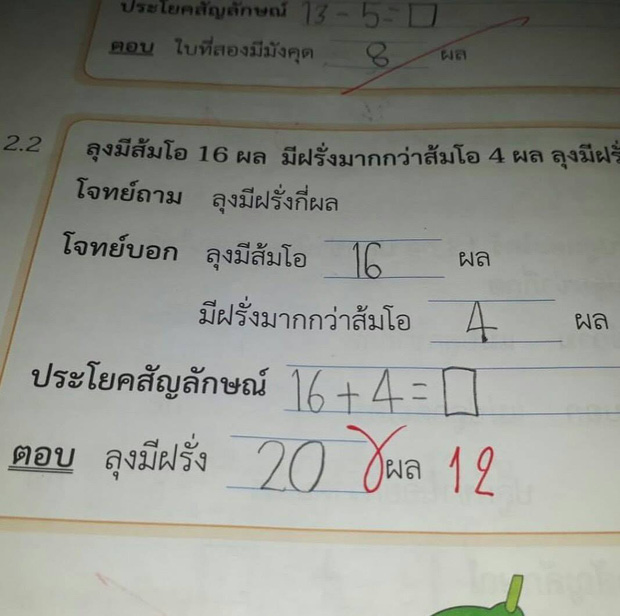 Bài Toán: Có 12 quả xoài, thêm 8 quả nữa thì được bao nhiêu? - Học trò ghi 20 bị gạch sai vì lý do khó hiểu từ cô giáo - Ảnh 4.