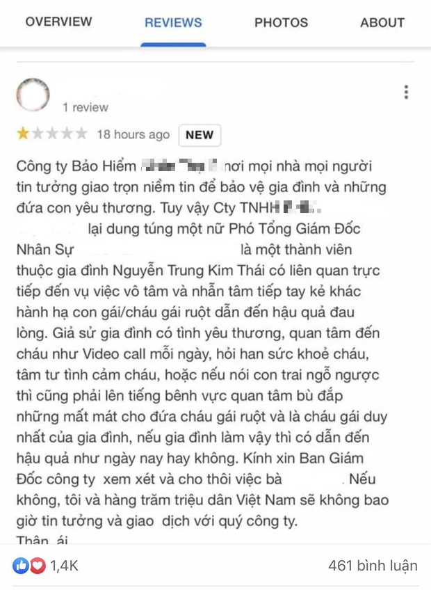 Vụ bé gái 8 tuổi bị dì ghẻ bạo hành: 1 công ty bảo hiểm bỗng dưng bị CĐM khủng bố, đánh giá 1 sao vì có nhân viên là chị gái Nguyễn Kim Trung Thái? - Ảnh 2.