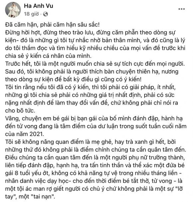 Hà Anh nhận gạch đá khi lên tiếng về vụ bé gái 8 tuổi bị bạo hành tử vong: Người mẹ đến giờ chưa lên tiếng, tôi cho rằng có uẩn khúc đâu đây - Ảnh 1.