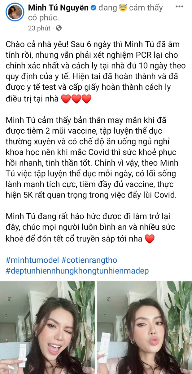  Tin vui: Minh Tú thông báo có kết quả âm tính với Covid-19, tình hình hiện tại thế nào? - Ảnh 1.