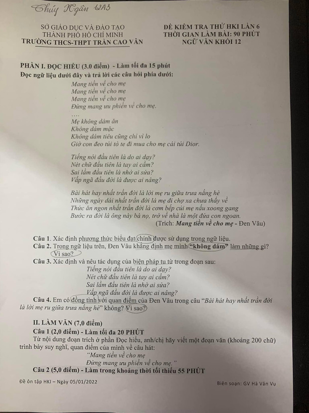  Lyrics Mang Tiền Về Cho Mẹ của Đen Vâu vào thẳng đề thi Văn 12, trích 1 câu đắt giá để hỏi mà học trò nào cũng lia lịa viết - Ảnh 1.