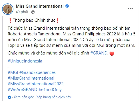  Miss Grand International 2022 công bố người thay vị trí của Á hậu 5  - Ảnh 1.