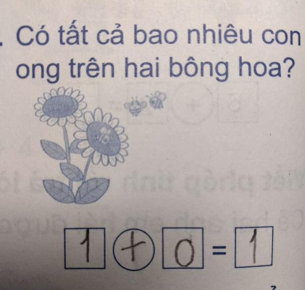 Bài toán 1+0=1 của học sinh lớp 1 bị gạch sai, nhìn vào đề bài ai cũng tới tấp khen ngợi học trò thông minh - Ảnh 1.