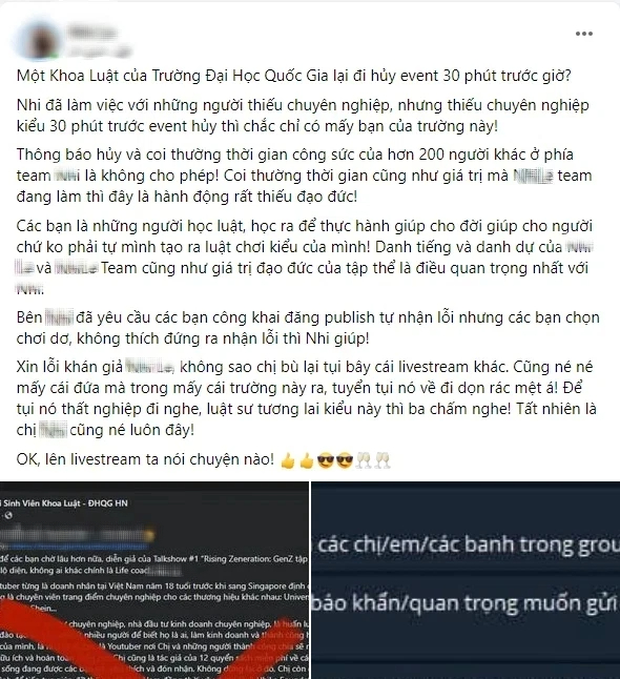 Nữ life-coach miệt thị SV khoa Luật chơi dơ vì bị huỷ event lại gây phẫn nộ: Tất cả sinh viên trường này là 1 lũ thất hứa! - Ảnh 1.