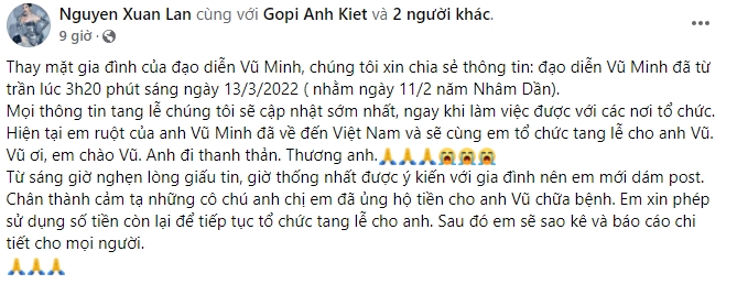 Đạo diễn Vũ Minh qua đời: Xuân Lan, Đại Nghĩa đau đớn, nhiều nghệ sĩ xót xa - Ảnh 2.