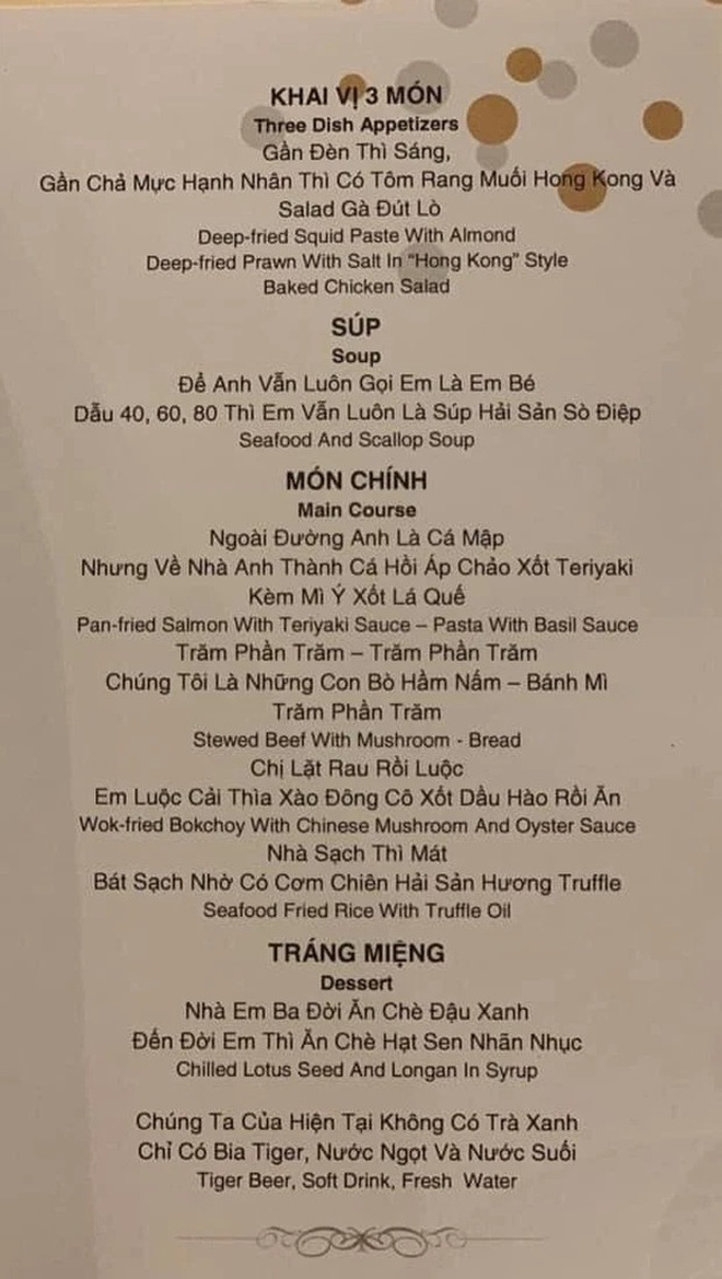 Lộ diện chiếc menu tiệc cưới đang gây bão nhất MXH: Cô dâu chú rể thử chơi lớn xem khách mời có trầm trồ? - Ảnh 2.