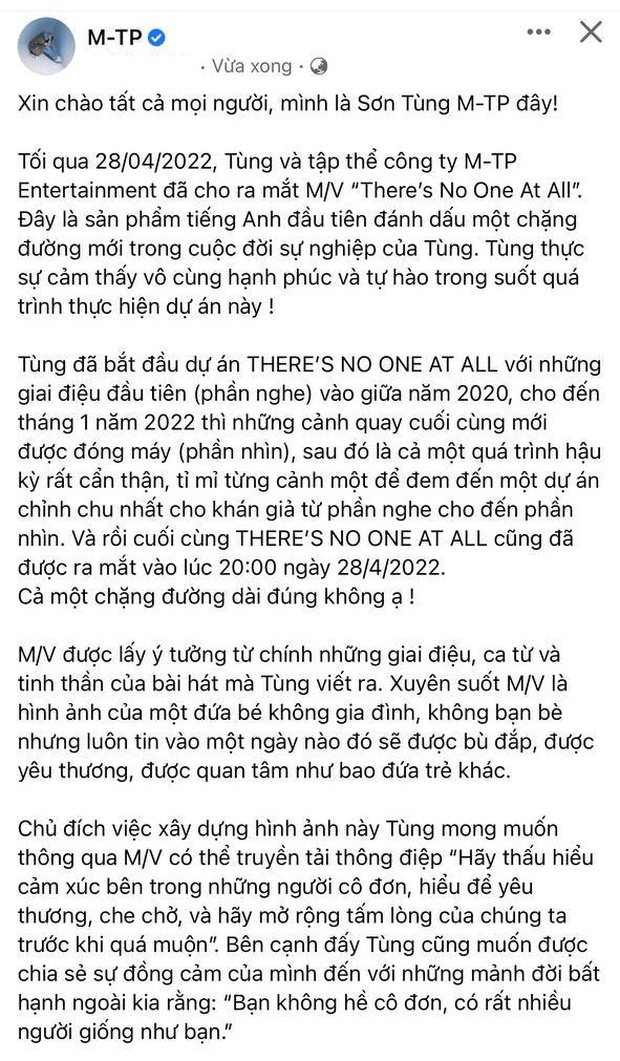 Sơn Tùng lên tiếng xin lỗi, ngưng phát hành MV Theres No One At All! - Ảnh 1.