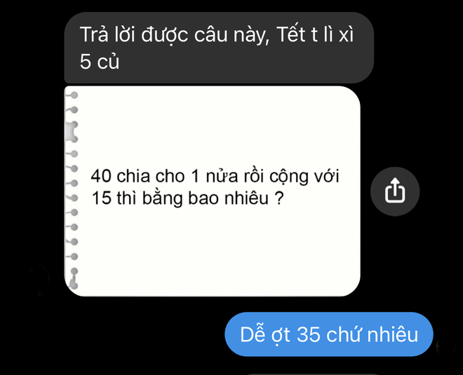 Toán cấp 1: 40 chia một nửa rồi cộng với 15 thì bằng bao nhiêu? - Ai cũng ra bằng 35 nhưng trật lất hết! - Ảnh 1.