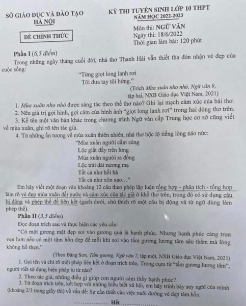 Gợi ý đáp án môn Ngữ văn thi vào lớp 10 của Hà Nội - Ảnh 1.