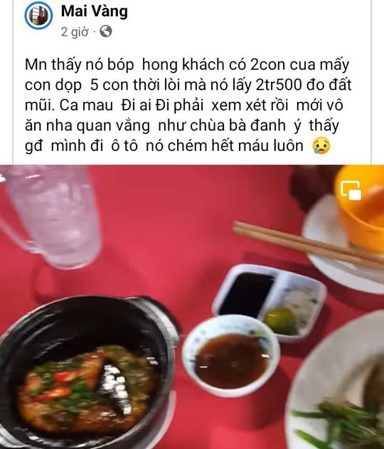 Xôn xao vụ ăn 2 con cua, mấy con vọp, 5 con cá thòi lòi bị tính 2,5 triệu đồng  - Ảnh 1.