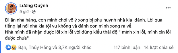 Quỳnh Lương đăng đàn vì con trai bị đánh do vô tình đá bóng vào đứa trẻ khác trong nhà hàng, dân mạng tranh cãi ai đúng ai sai - Ảnh 1.