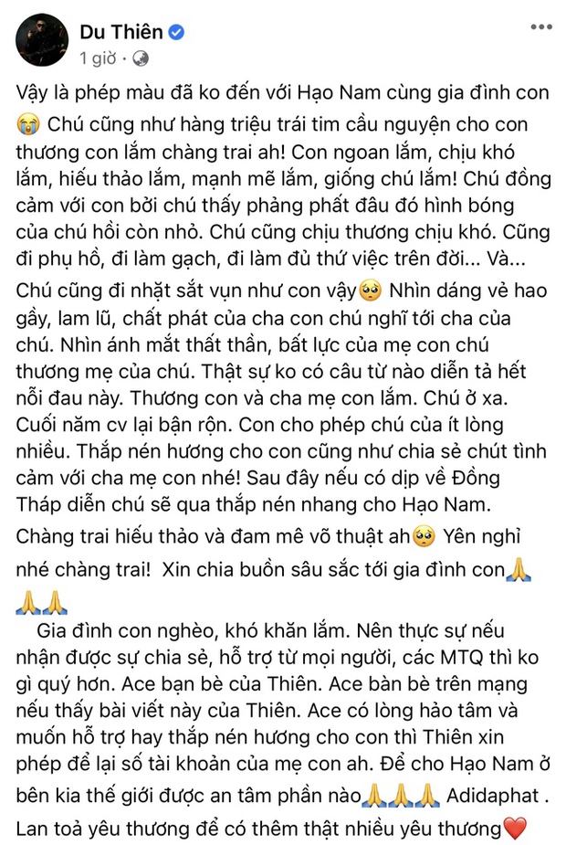 Du Thiên ủng hộ gia đình bé ở Đồng Tháp 20 triệu, phản ứng của netizen thế nào? - Ảnh 1.