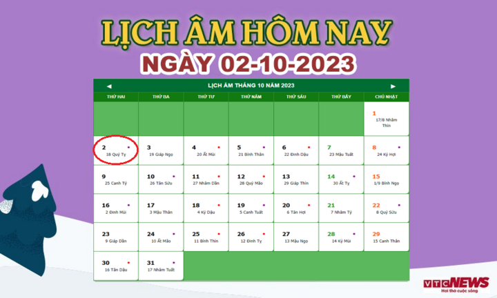 Lịch âm 2/10 - Âm lịch hôm nay 2/10 chính xác nhất - lịch vạn niên 2/10/2023 - Ảnh 1.