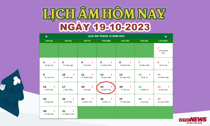 Lịch âm 19/10 - Âm lịch hôm nay 19/10 chính xác nhất - lịch vạn niên 19/10/2023 - Ảnh 1.