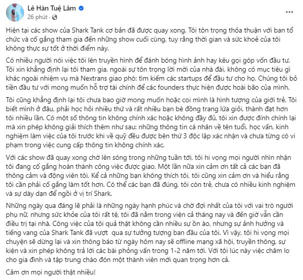 Lê Hàn Tuệ Lâm tuyên bố chưa từng có vi phạm trong việc cung cấp thông tin tên tuổi, học vấn..., từ nay sẽ offline mạng xã hội - Ảnh 2.