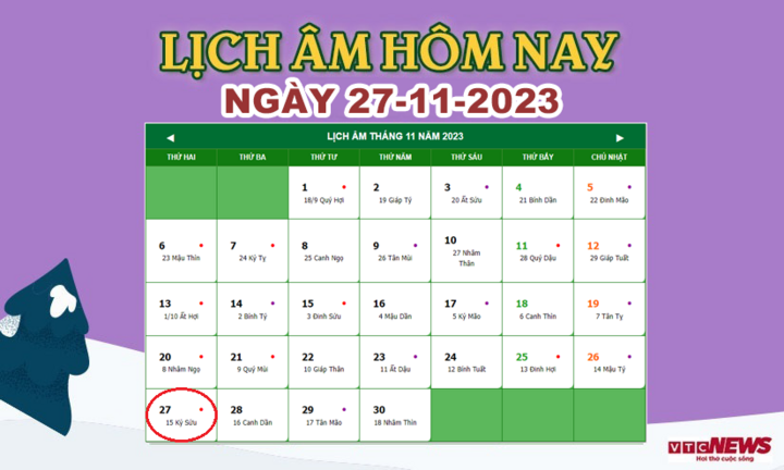 Lịch âm 27/11 - Âm lịch hôm nay 27/11 chính xác nhất - lịch vạn niên 27/11/2023 - Ảnh 1.