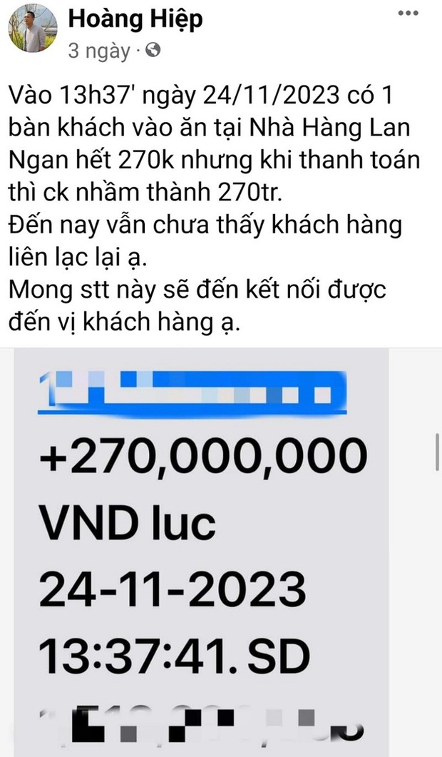 Tìm thực khách ăn cơm trưa hết 270 ngàn đồng chuyển khoản nhầm 270 triệu đồng - Ảnh 1.