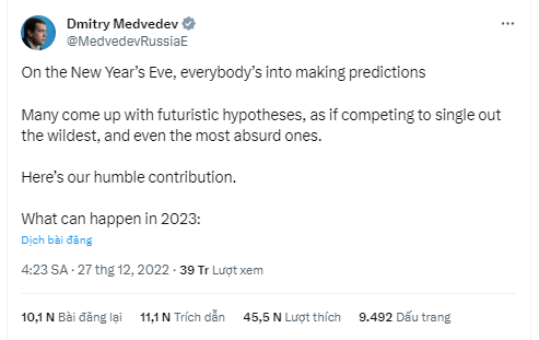 Những dự đoán 'khiêm tốn' về năm 2023 của cựu Tổng thống Nga Medvedev: Bao nhiêu thành hiện thực?- Ảnh 2.
