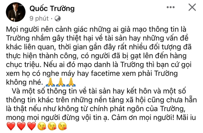 Quốc Trường lên tiếng gấp vì bị giả mạo để lừa gạt hơn chục triệu đồng - Ảnh 1.
