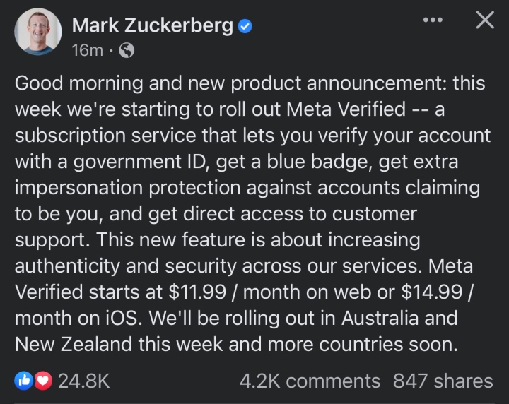 CEO Mark Zuckerberg thông báo Facebook và Instagram chuẩn bị bán tick xanh - Ảnh 1.