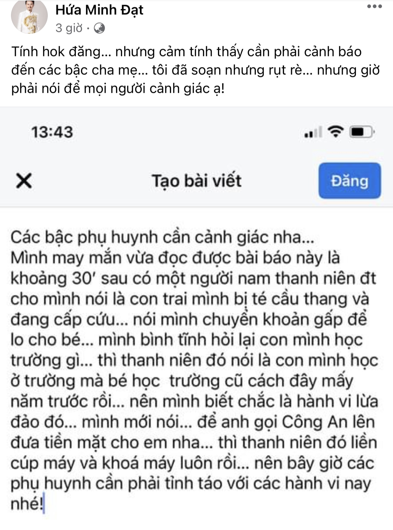 Hứa Minh Đạt bị kẻ gian gọi điện thoại lừa đảo con đang cấp cứu và yêu cầu chuyển tiền - Ảnh 1.