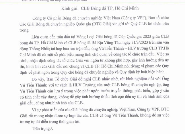 Chê Cúp Quốc gia như giải phường, HLV TP.HCM bị VPF nhắc nhở - Ảnh 2.