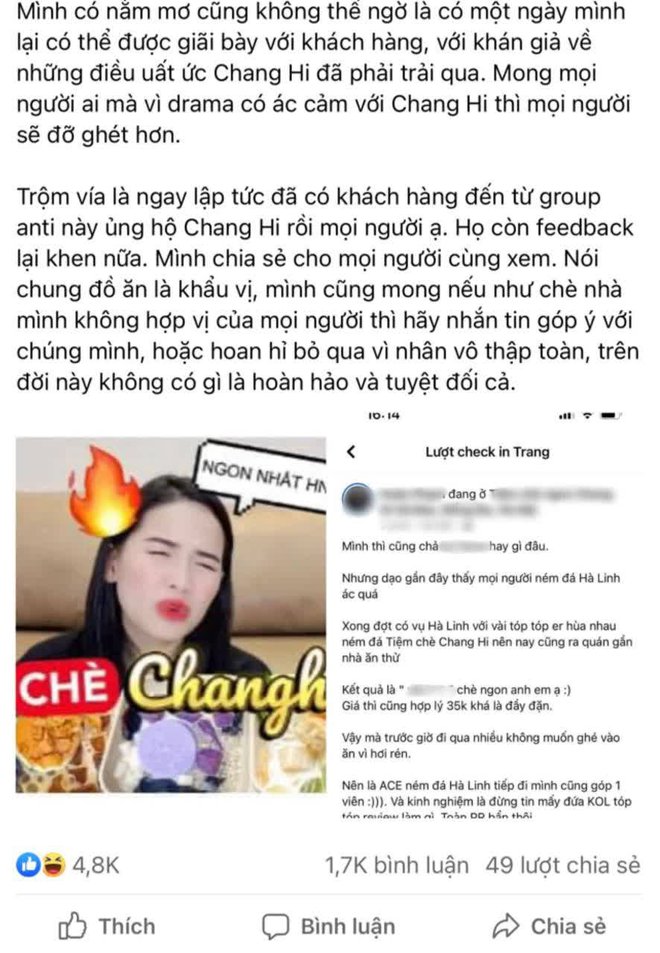  Giữa bão drama của “chiến thần” Hà Linh, tiệm chè Chang Hi bày tỏ nỗi lòng nhưng lại bị cộng đồng mạng phản bác “cũng một chín một mười cả thôi” - Ảnh 5.