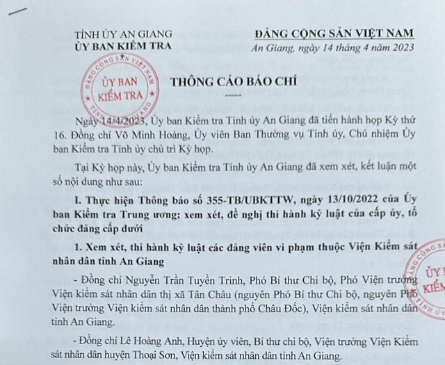 Kỷ luật hàng loạt cán bộ viện kiểm sát, Công an tỉnh An Giang - Ảnh 1.