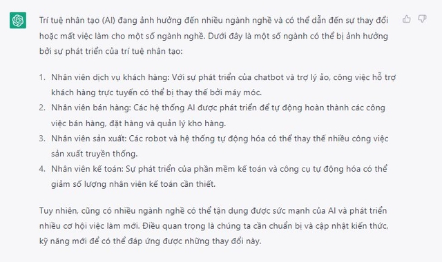 ChatGPT và chatbot AI của Việt Nam liệt kê các công việc dễ bị mất việc bởi trí tuệ nhân tạo - Ảnh 3.