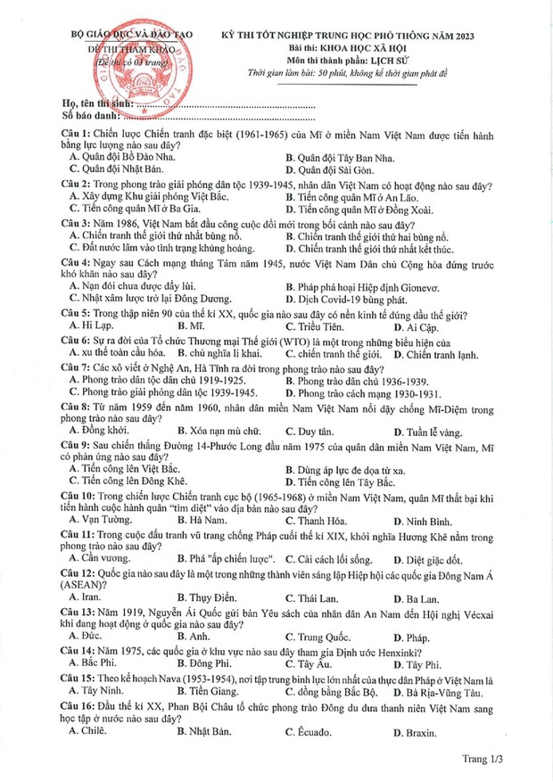 Đề thi và gợi ý lời giải môn Lịch sử thi tốt nghiệp THPT năm 2023 - Ảnh 3.