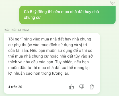 Cùng hỏi có 5 tỷ đồng thì nên mua nhà đất hay nhà chung cư, ChatGPT và chatbot AI của Việt Nam trả lời khác nhau ra sao? - Ảnh 2.